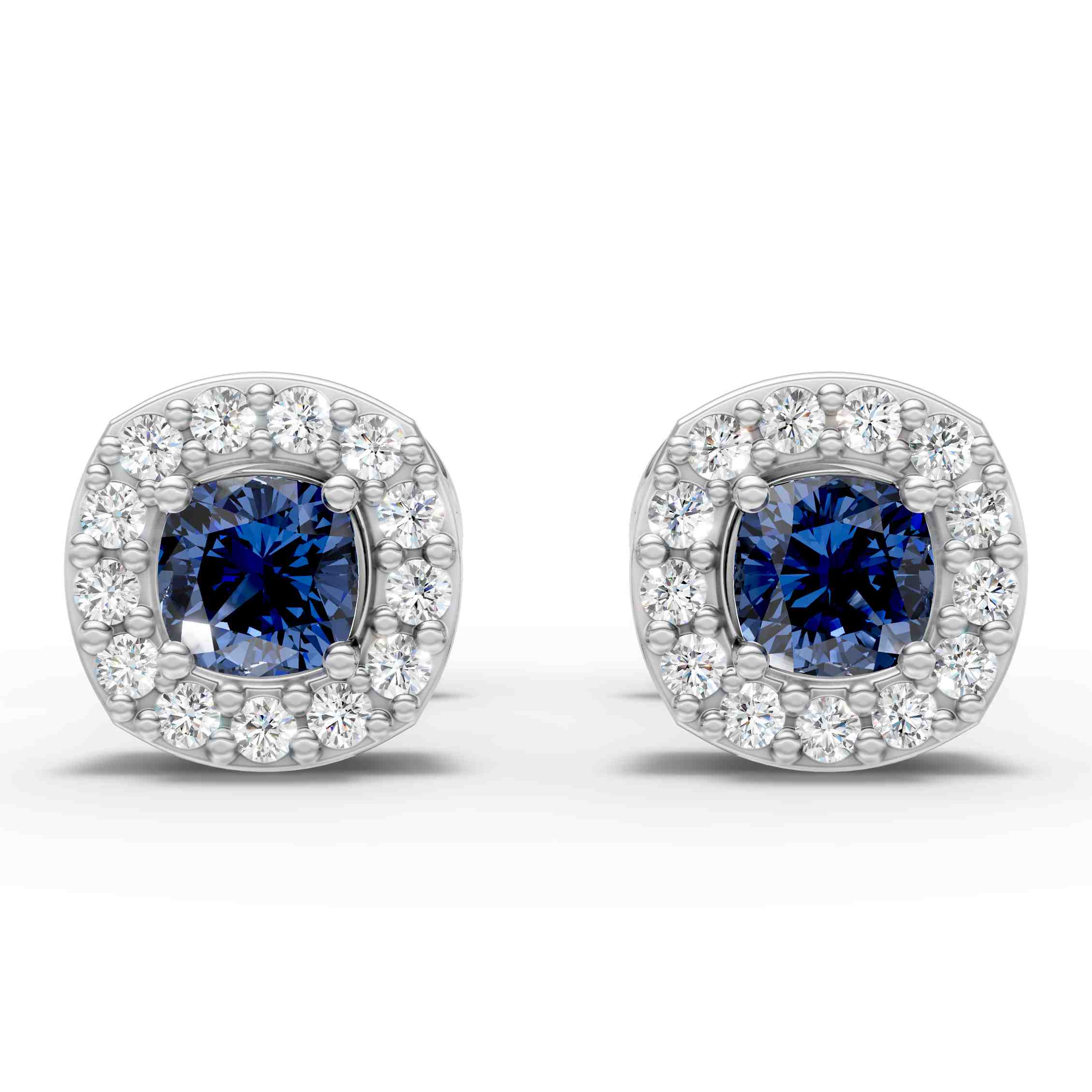Blue Sapphire Halo Diamond Stud Earrings